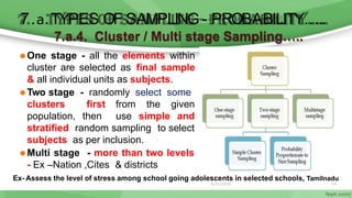 7.a.TYPES OF SAMPLING - PROBABILITY…..
7.a.4. Cluster / Multi stage Sampling…..
⚫One stage - all the elements within
cluster are selected as final sample
& all individual units as subjects.
⚫Two stage - randomly select some
clusters
population,
first from the
then use simple
given
and
stratified random sampling to select
subjects as per inclusion.
⚫Multi stage - more than two levels
- Ex –Nation ,Cites & districts
Ex- Assess the level of stress among school going adolescents in selected schools, Tamilnadu
6/11/2020 24
 