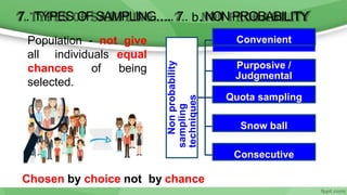 Non
probability
sampling
techniques
Convenient
Purposive /
Judgmental
Quota sampling
Snow ball
Consecutive
Population - not give
all individuals equal
being
chances of
selected.
Chosen by choice not by chance
7. TYPES OF SAMPLING….. 7. b. NONPROBABILITY
 