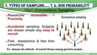 27
7.b.1. Convenience Sampling
Researcher accessible /
Proximity.
Accidental sampling- Subjects
are chosen simple way easy to
recruit.
Fast, Inexpensive & less time
consuming.
Ex - Assess the attitude of mental illness among geriatric people..
6/11/2020
 