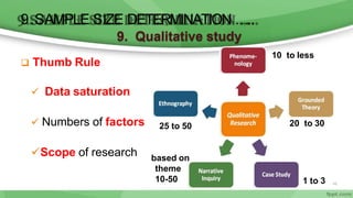 6/11/2020 46
 Data saturation
 Numbers of factors
Scope of research
9. Qualitative study
 Thumb Rule
10 to less
20 to 30
25 to 50
9.SAMPLE SIZE DETERMINATION …..
1 to 3
based on
theme
10-50
 
