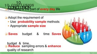 Sampling is the part of every day life
 Adopt the requirement of
 Use probability sample methods
 Appropriate sample size
 Saves budget & time Saves
budget & time.
 Reduce sampling errors & enhance
quality of research
10.
CONCLUSION
 