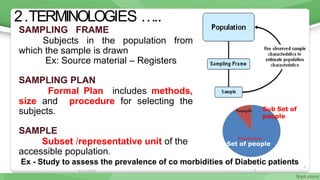 6/11/2020
6
6
2.TERMINOLOGIES …..
SAMPLING FRAME
Subjects in the population from
which the sample is drawn
Ex: Source material – Registers
SAMPLING PLAN
Formal Plan includes methods,
size and procedure for selecting the
subjects.
SAMPLE
Subset /representative unit of the
accessible population.
Ex - Study to assess the prevalence of co morbidities of Diabetic patients
Set of people
Sub Set of
people
 