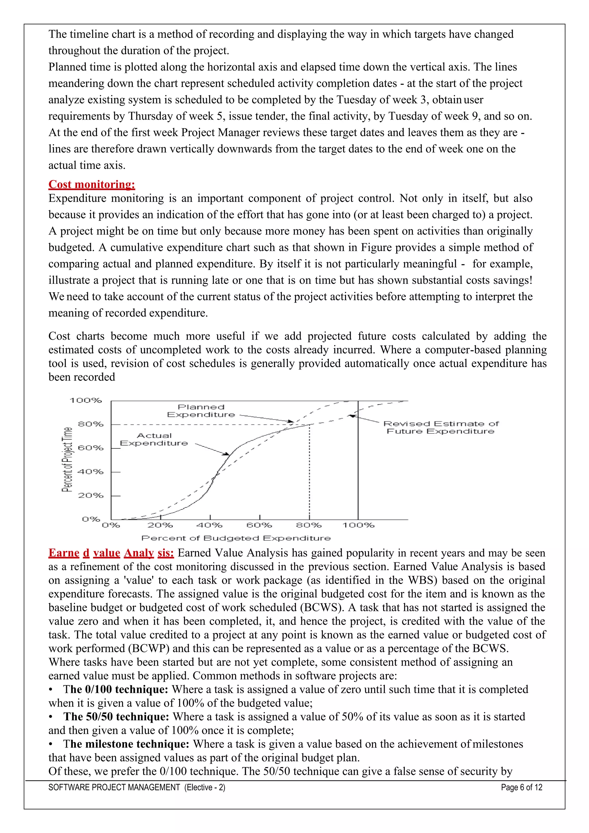 SOFTWARE PROJECT MANAGEMENT (Elective - 2) Page 6 of 12
The timeline chart is a method of recording and displaying the way in which targets have changed
throughout the duration of the project.
Planned time is plotted along the horizontal axis and elapsed time down the vertical axis. The lines
meandering down the chart represent scheduled activity completion dates - at the start of the project
analyze existing system is scheduled to be completed by the Tuesday of week 3, obtainuser
requirements by Thursday of week 5, issue tender, the final activity, by Tuesday of week 9, and so on.
At the end of the first week Project Manager reviews these target dates and leaves them as they are -
lines are therefore drawn vertically downwards from the target dates to the end of week one on the
actual time axis.
Cost monitoring:
Expenditure monitoring is an important component of project control. Not only in itself, but also
because it provides an indication of the effort that has gone into (or at least been charged to) a project.
A project might be on time but only because more money has been spent on activities than originally
budgeted. A cumulative expenditure chart such as that shown in Figure provides a simple method of
comparing actual and planned expenditure. By itself it is not particularly meaningful - for example,
illustrate a project that is running late or one that is on time but has shown substantial costs savings!
We need to take account of the current status of the project activities before attempting to interpret the
meaning of recorded expenditure.
Cost charts become much more useful if we add projected future costs calculated by adding the
estimated costs of uncompleted work to the costs already incurred. Where a computer-based planning
tool is used, revision of cost schedules is generally provided automatically once actual expenditure has
been recorded
Earne d value Analy sis: Earned Value Analysis has gained popularity in recent years and may be seen
as a refinement of the cost monitoring discussed in the previous section. Earned Value Analysis is based
on assigning a 'value' to each task or work package (as identified in the WBS) based on the original
expenditure forecasts. The assigned value is the original budgeted cost for the item and is known as the
baseline budget or budgeted cost of work scheduled (BCWS). A task that has not started is assigned the
value zero and when it has been completed, it, and hence the project, is credited with the value of the
task. The total value credited to a project at any point is known as the earned value or budgeted cost of
work performed (BCWP) and this can be represented as a value or as a percentage of the BCWS.
Where tasks have been started but are not yet complete, some consistent method of assigning an
earned value must be applied. Common methods in software projects are:
• The 0/100 technique: Where a task is assigned a value of zero until such time that it is completed
when it is given a value of 100% of the budgeted value;
• The 50/50 technique: Where a task is assigned a value of 50% of its value as soon as it is started
and then given a value of 100% once it is complete;
• The milestone technique: Where a task is given a value based on the achievement of milestones
that have been assigned values as part of the original budget plan.
Of these, we prefer the 0/100 technique. The 50/50 technique can give a false sense of security by
 