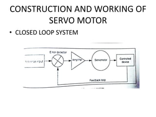 CONSTRUCTION AND WORKING OF
SERVO MOTOR
• CLOSED LOOP SYSTEM
 