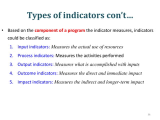 Types of indicators con’t…
• Based on the component of a program the indicator measures, indicators
could be classified as:
1. Input indicators: Measures the actual use of resources
2. Process indicators: Measures the activities performed
3. Output indicators: Measures what is accomplished with inputs
4. Outcome indicators: Measures the direct and immediate impact
5. Impact indicators: Measures the indirect and longer-term impact
36
 