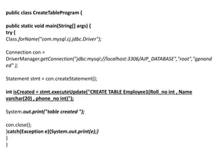 public class CreateTableProgram {
public static void main(String[] args) {
try {
Class.forName("com.mysql.cj.jdbc.Driver");
Connection con =
DriverManager.getConnection("jdbc:mysql://localhost:3306/AJP_DATABASE","root","gpnand
ed" );
Statement stmt = con.createStatement();
int isCreated = stmt.executeUpdate("CREATE TABLE Employee1(Roll_no int , Name
varchar(20) , phone_no int)");
System.out.print("table created ");
con.close();
}catch(Exception e){System.out.print(e);}
}
}
 