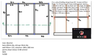 Inst= 4kn/m2
bars=20mm dia, stirrup= 8mm dia
wall thkns= 115, columns= 300 x 300 mm
perms shear stress= 0.48 n/mm2
M25
Fe500
 