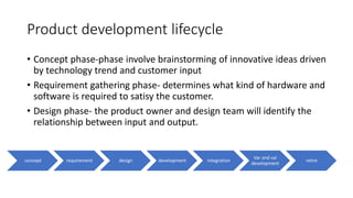 Product development lifecycle
• Concept phase-phase involve brainstorming of innovative ideas driven
by technology trend and customer input
• Requirement gathering phase- determines what kind of hardware and
software is required to satisy the customer.
• Design phase- the product owner and design team will identify the
relationship between input and output.
concept requirement design development integration
Var and val
development
retire
 
