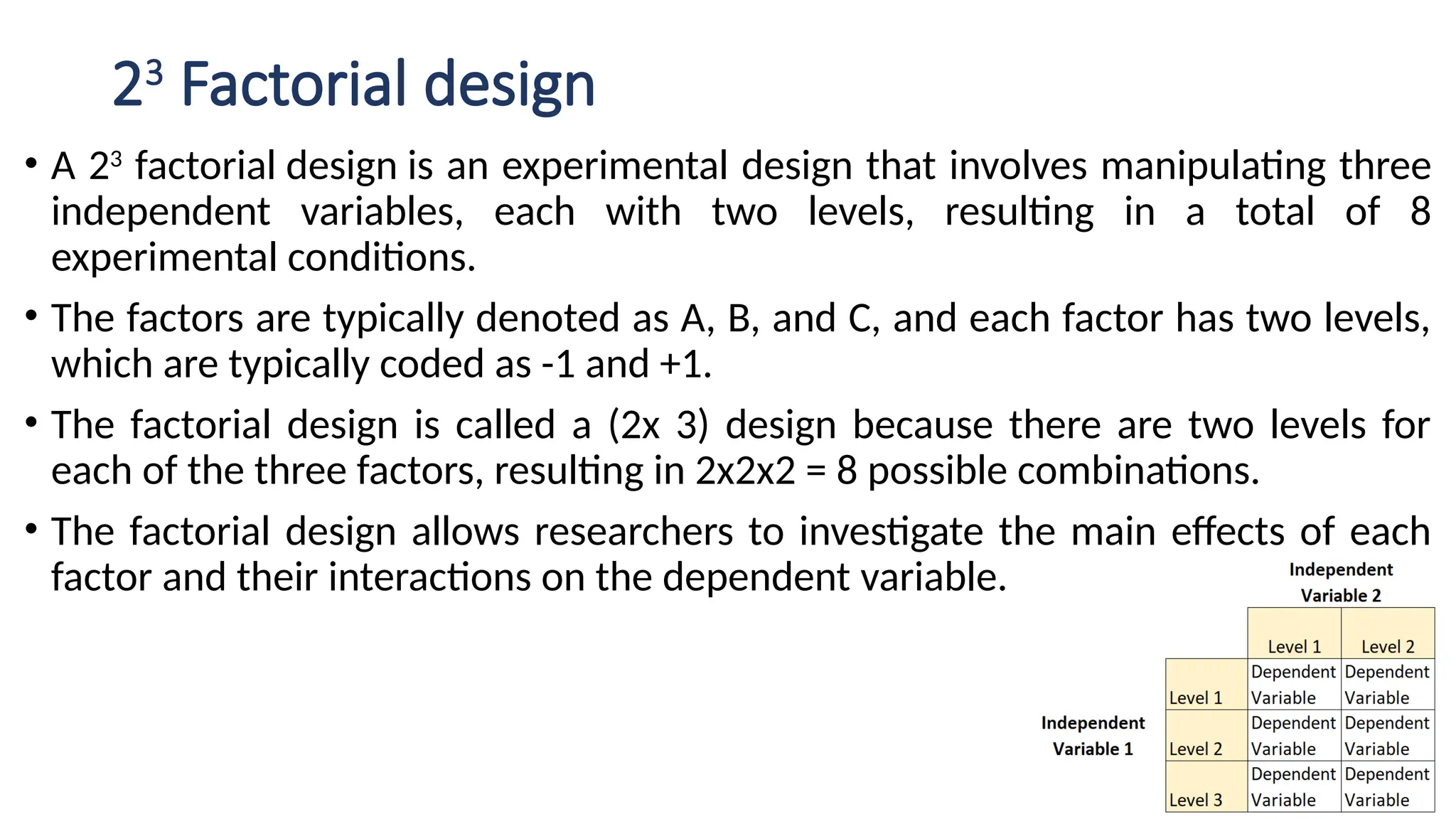 23
Factorial design
• A 23
factorial design is an experimental design that involves manipulating three
independent variables, each with two levels, resulting in a total of 8
experimental conditions.
• The factors are typically denoted as A, B, and C, and each factor has two levels,
which are typically coded as -1 and +1.
• The factorial design is called a (2x 3) design because there are two levels for
each of the three factors, resulting in 2x2x2 = 8 possible combinations.
• The factorial design allows researchers to investigate the main effects of each
factor and their interactions on the dependent variable.
 