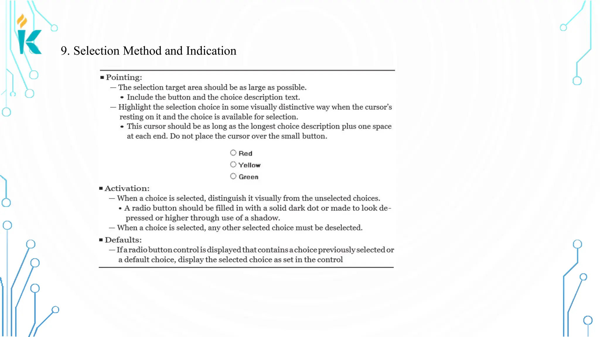 9. Selection Method and Indication 