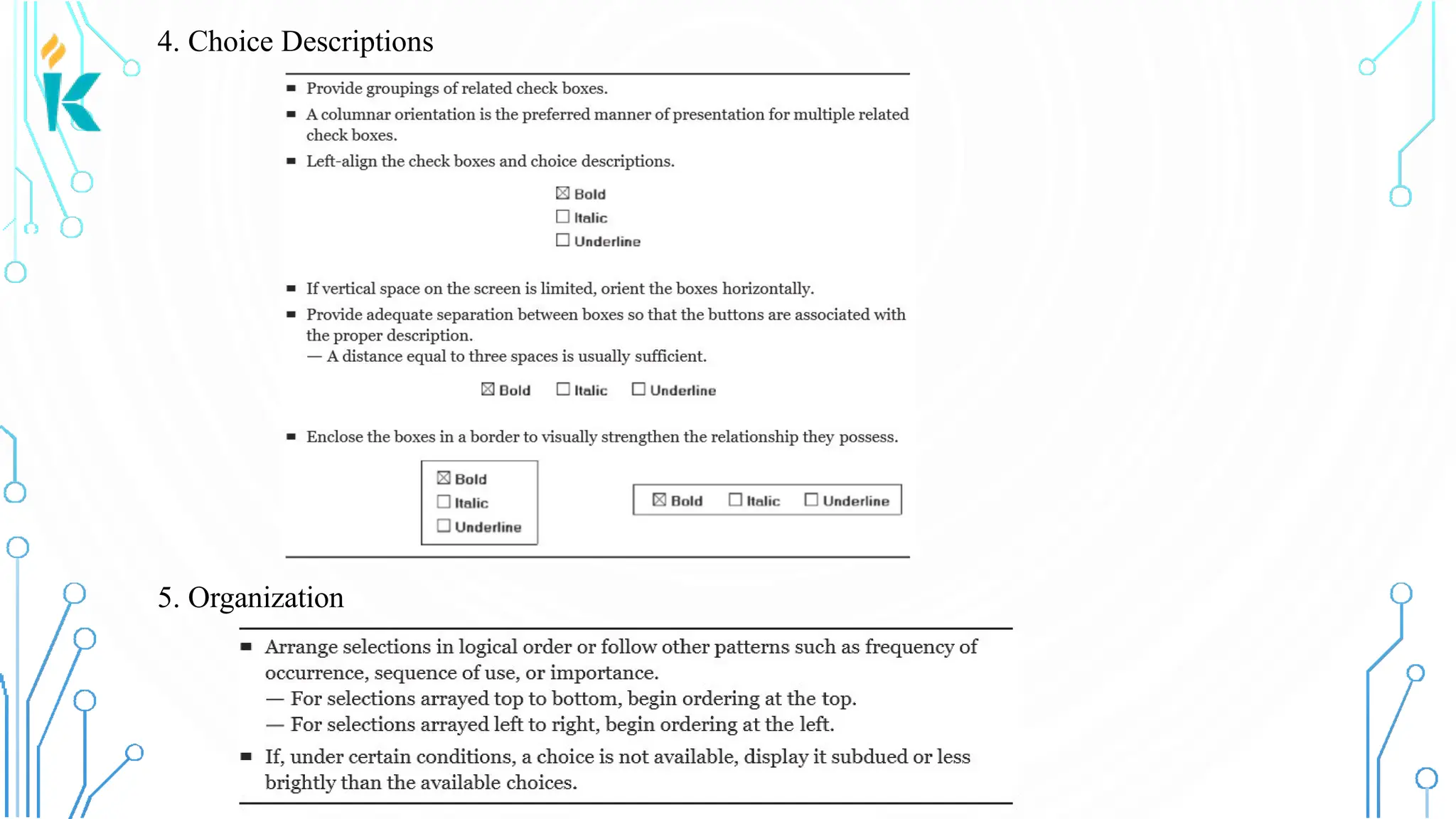 4. Choice Descriptions 5. Organization 