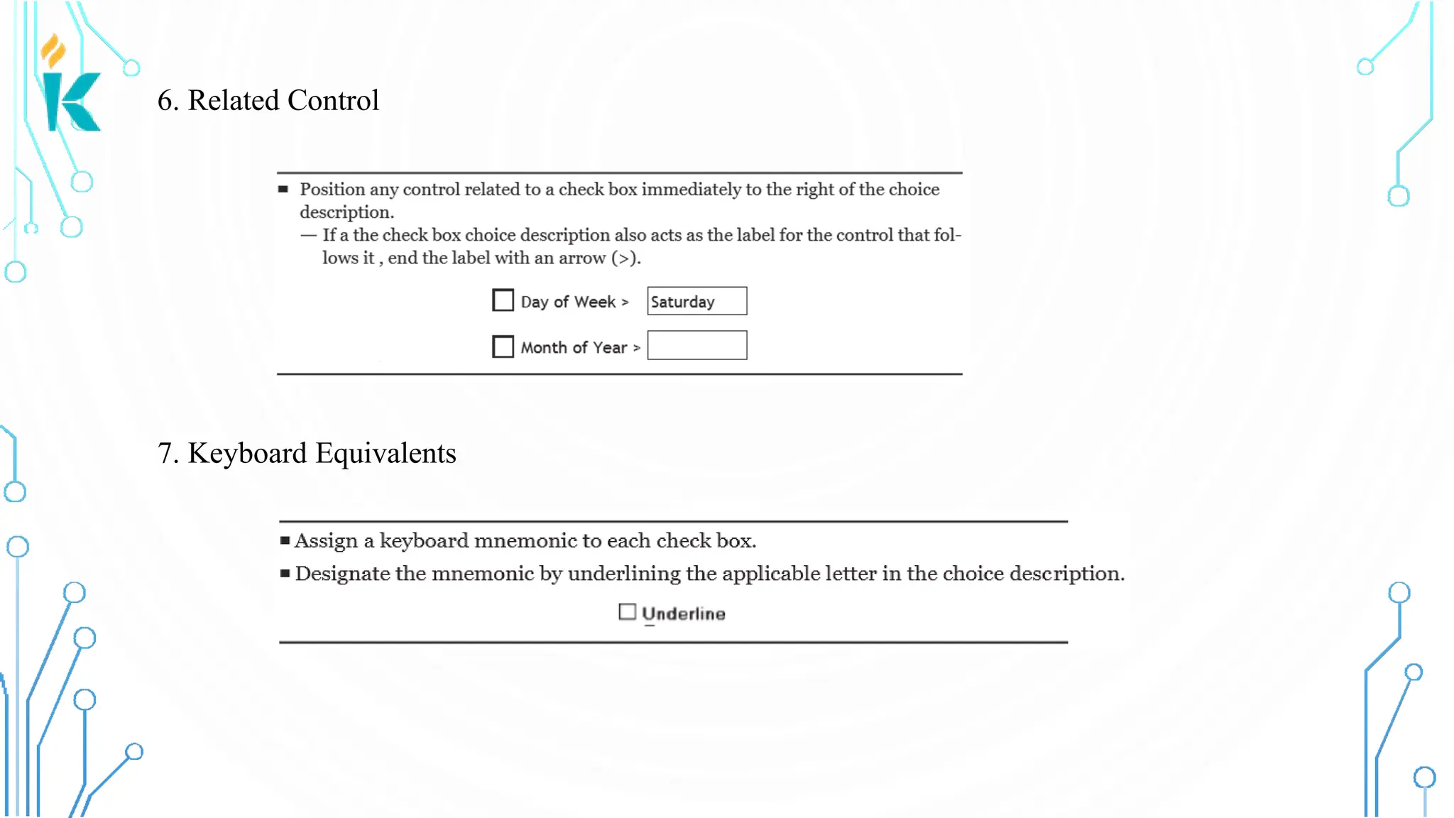 6. Related Control 7. Keyboard Equivalents 