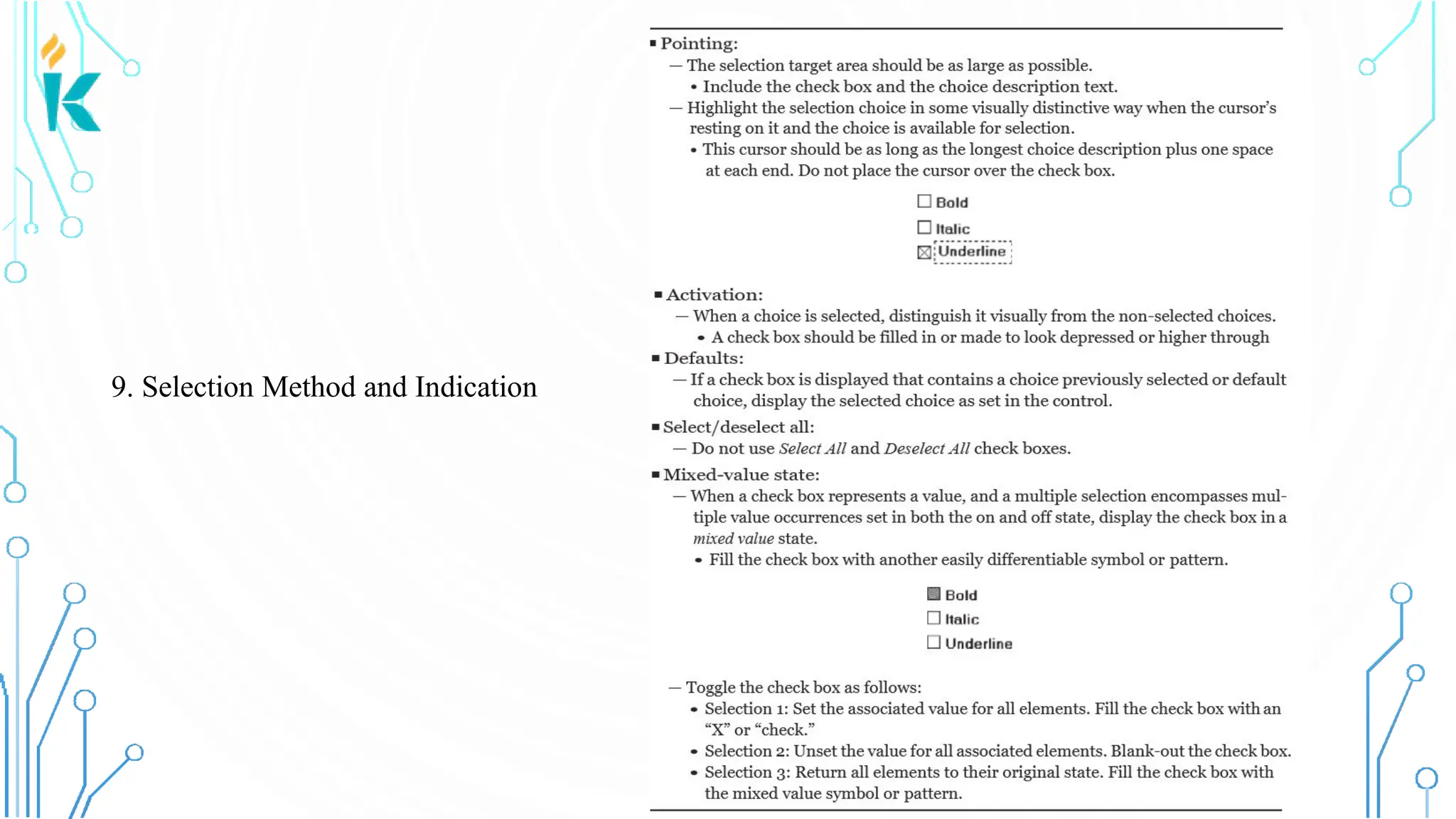 9. Selection Method and Indication 