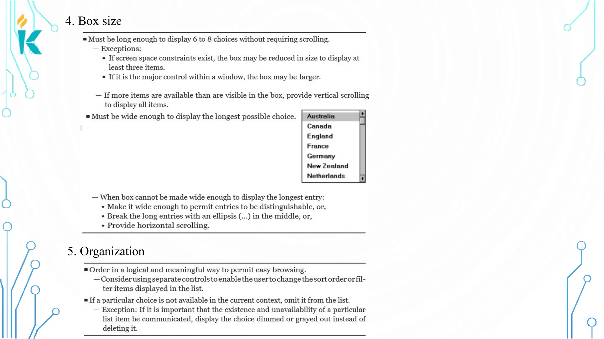 4. Box size 5. Organization 