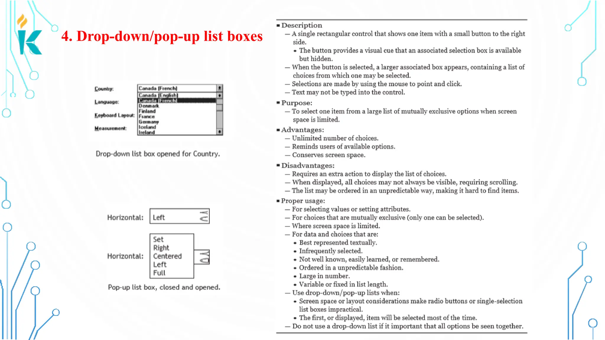 4. Drop-down/pop-up list boxes 
