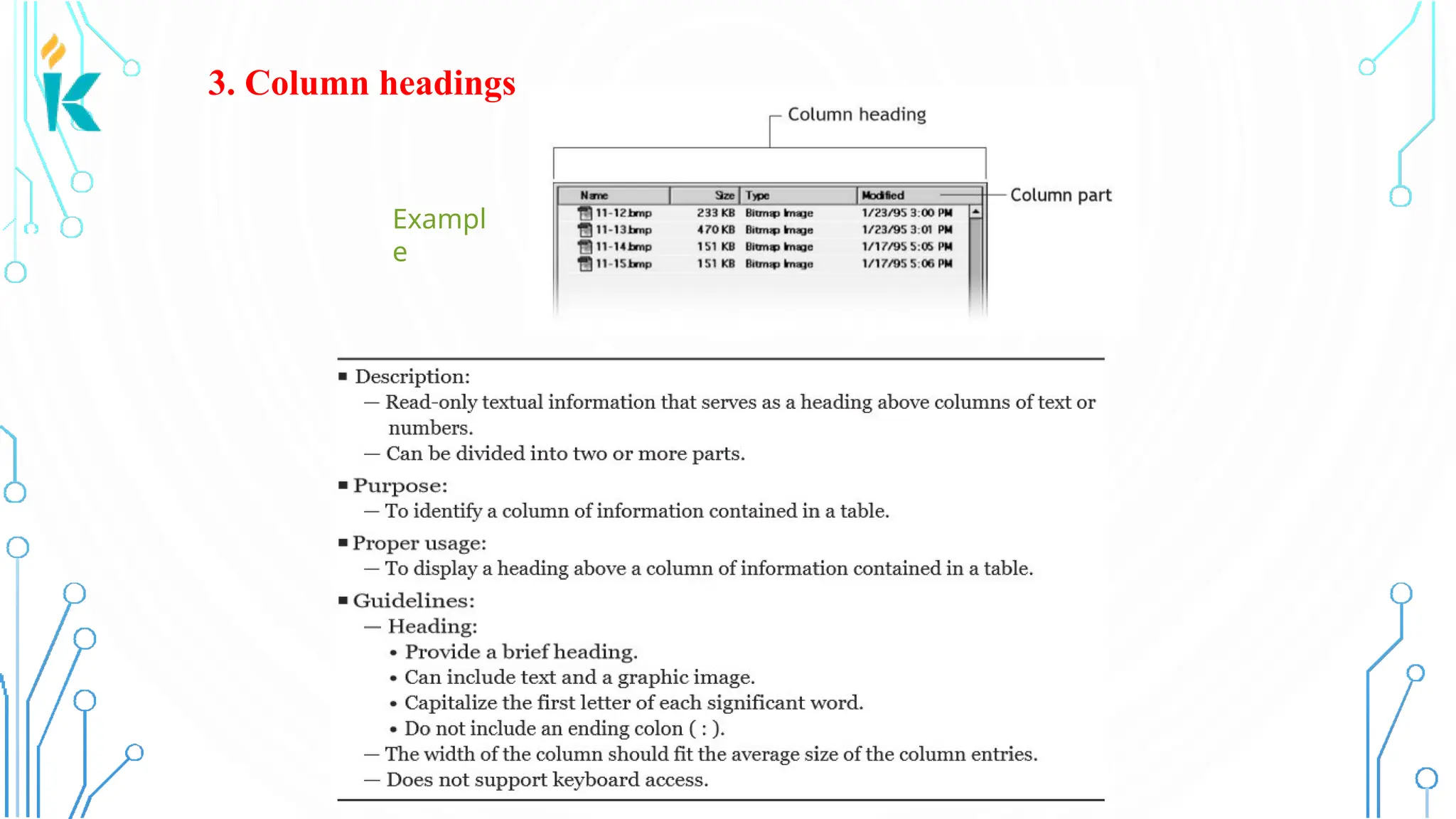 3. Column headings Exampl e 