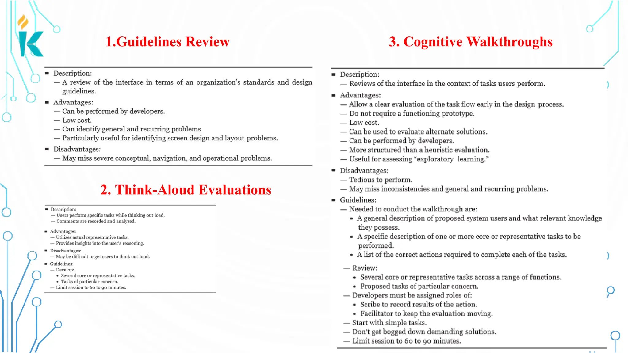 1.Guidelines Review 3. Cognitive Walkthroughs 2. Think-Aloud Evaluations 
