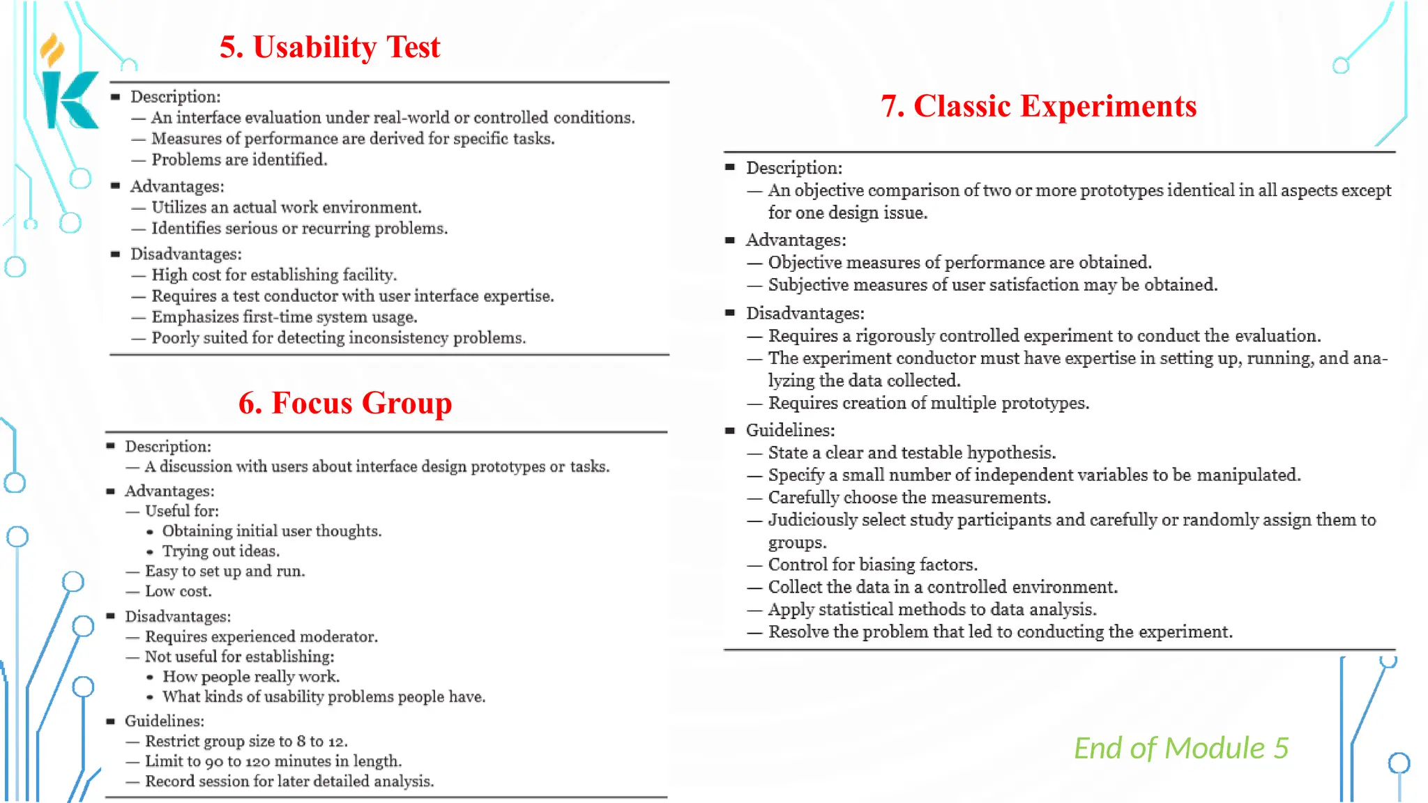 5. Usability Test 7. Classic Experiments 6. Focus Group End of Module 5 