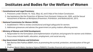 Institutes and Bodies for the Welfare of Women
1.Constitutional and Legal Provisions:
1. Provisions under Articles 14, 15(3), 39(a), 42, and 51A(e) of the Indian Constitution.
2. Key legislations like the Protection of Women from Domestic Violence Act, 2005, and the Sexual
Harassment of Women at Workplace (Prevention, Prohibition, and Redressal) Act, 2013.
2.National Commission for Women (NCW):
1. Established in 1992 to review constitutional and legal safeguards for women.
2. Addresses grievances and advises the government on policy matters affecting women.
3.Ministry of Women and Child Development:
1. Responsible for the formulation and implementation of policies and programs for women and children.
2. Focus areas include health, education, employment, and social security.
4.Key Government Schemes and Initiatives:
1. Beti Bachao Beti Padhao (BBBP): Aims at promoting the survival, protection, and education of the girl
child.
2. Pradhan Mantri Matru Vandana Yojana (PMMVY): Provides financial aid to pregnant and lactating
women.
 
