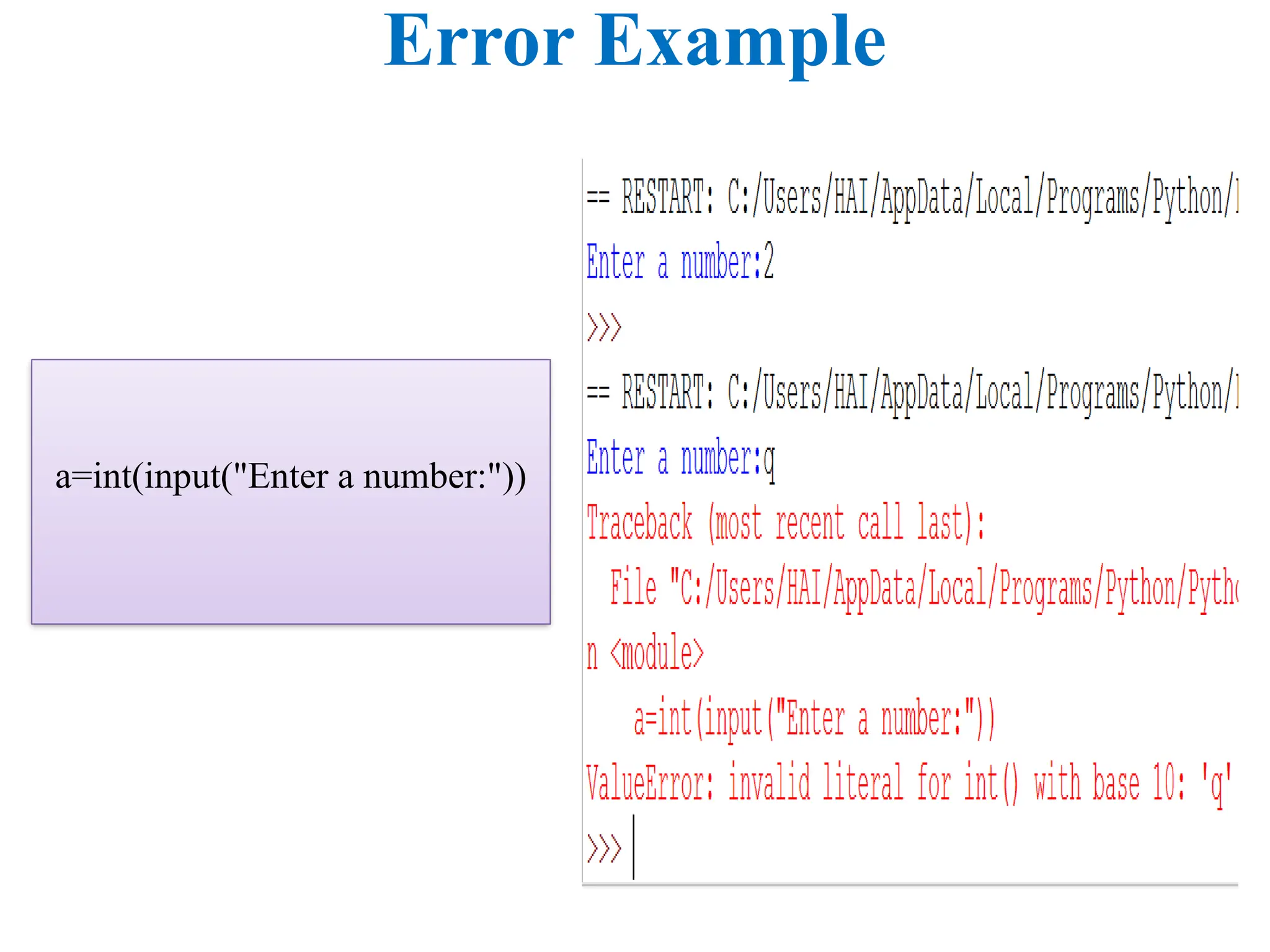Error Example
a=int(input("Enter a number:"))
 