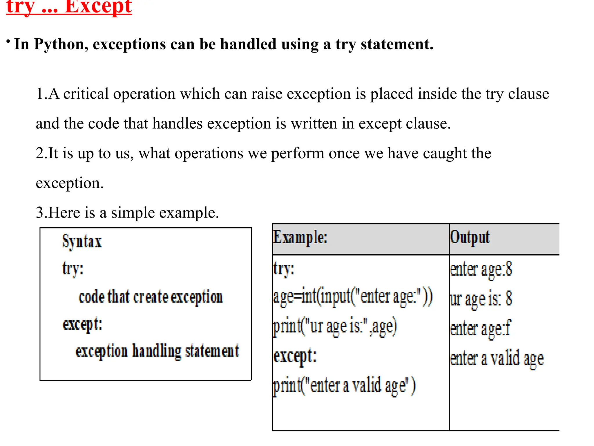 try ... Except
• In Python, exceptions can be handled using a try statement.
1.A critical operation which can raise exception is placed inside the try clause
and the code that handles exception is written in except clause.
2.It is up to us, what operations we perform once we have caught the
exception.
3.Here is a simple example.
 