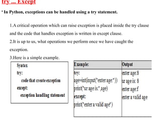 try ... Except
• In Python, exceptions can be handled using a try statement.
1.A critical operation which can raise exception is placed inside the try clause
and the code that handles exception is written in except clause.
2.It is up to us, what operations we perform once we have caught the
exception.
3.Here is a simple example.
 