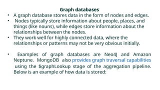 Graph databases
• A graph database stores data in the form of nodes and edges.
• Nodes typically store information about people, places, and
things (like nouns), while edges store information about the
relationships between the nodes.
• They work well for highly connected data, where the
relationships or patterns may not be very obvious initially.
• Examples of graph databases are Neo4J and Amazon
Neptune. MongoDB also provides graph traversal capabilities
using the $graphLookup stage of the aggregation pipeline.
Below is an example of how data is stored:
 