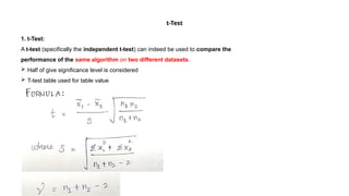 t-Test
1. t-Test:
A t-test (specifically the independent t-test) can indeed be used to compare the
performance of the same algorithm on two different datasets.
 Half of give significance level is considered
 T-test table used for table value
 