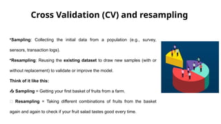 Cross Validation (CV) and resampling
•Sampling: Collecting the initial data from a population (e.g., survey,
sensors, transaction logs).
•Resampling: Reusing the existing dataset to draw new samples (with or
without replacement) to validate or improve the model.
Think of it like this:
📥 Sampling = Getting your first basket of fruits from a farm.
🔄 Resampling = Taking different combinations of fruits from the basket
again and again to check if your fruit salad tastes good every time.
 