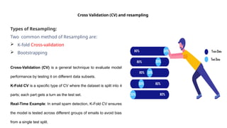 Cross Validation (CV) and resampling
Types of Resampling:
Two common method of Resampling are:
 K-fold Cross-validation
 Bootstrapping
Cross-Validation (CV) is a general technique to evaluate model
performance by testing it on different data subsets.
K-Fold CV is a specific type of CV where the dataset is split into k
parts; each part gets a turn as the test set.
Real-Time Example: In email spam detection, K-Fold CV ensures
the model is tested across different groups of emails to avoid bias
from a single test split.
 