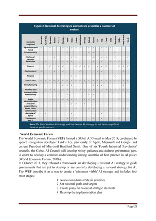 Page 23
World Economic Forum
The World Economic Forum (WEF) formed a Global AI Council in May 2019, co-chaired by
speech recognition developer Kai-Fu Lee, previously of Apple, Microsoft and Google, and
current President of Microsoft Bradford Smith. One of six 'Fourth Industrial Revolution'
councils, the Global AI Council will develop policy guidance and address governance gaps,
in order to develop a common understanding among countries of best practice in AI policy
(World Economic Forum, 2019a).
In October 2019, they released a framework for developing a national AI strategy to guide
governments that are yet to develop or are currently developing a national strategy for AI.
The WEF describe it as a way to create a 'minimum viable' AI strategy and includes four
main stages:
1) Assess long-term strategic priorities
2) Set national goals and targets
3) Create plans for essential strategic elements
4) Develop the implementation plan
 