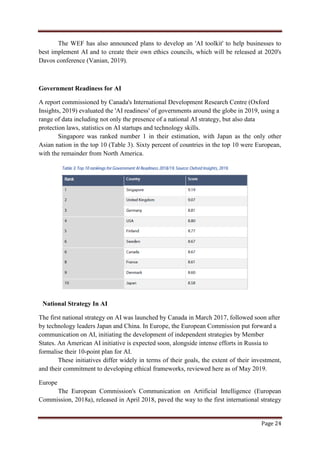 Page 24
The WEF has also announced plans to develop an 'AI toolkit' to help businesses to
best implement AI and to create their own ethics councils, which will be released at 2020's
Davos conference (Vanian, 2019).
Government Readiness for AI
A report commissioned by Canada's International Development Research Centre (Oxford
Insights, 2019) evaluated the 'AI readiness' of governments around the globe in 2019, using a
range of data including not only the presence of a national AI strategy, but also data
protection laws, statistics on AI startups and technology skills.
Singapore was ranked number 1 in their estimation, with Japan as the only other
Asian nation in the top 10 (Table 3). Sixty percent of countries in the top 10 were European,
with the remainder from North America.
National Strategy In AI
The first national strategy on AI was launched by Canada in March 2017, followed soon after
by technology leaders Japan and China. In Europe, the European Commission put forward a
communication on AI, initiating the development of independent strategies by Member
States. An American AI initiative is expected soon, alongside intense efforts in Russia to
formalise their 10-point plan for AI.
These initiatives differ widely in terms of their goals, the extent of their investment,
and their commitment to developing ethical frameworks, reviewed here as of May 2019.
Europe
The European Commission's Communication on Artificial Intelligence (European
Commission, 2018a), released in April 2018, paved the way to the first international strategy
 