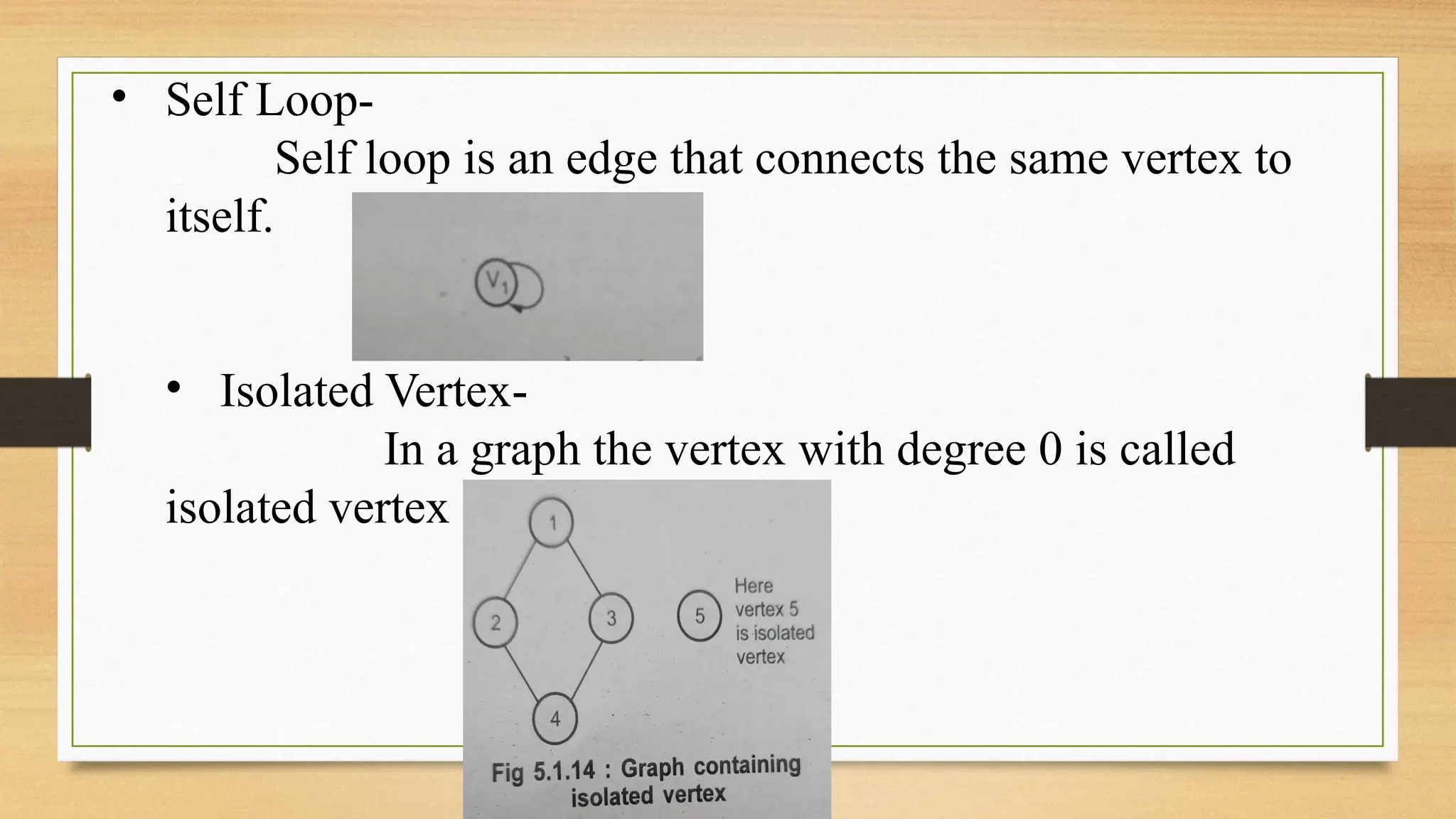 • Self Loop-
Self loop is an edge that connects the same vertex to
itself.
• Isolated Vertex-
In a graph the vertex with degree 0 is called
isolated vertex
 