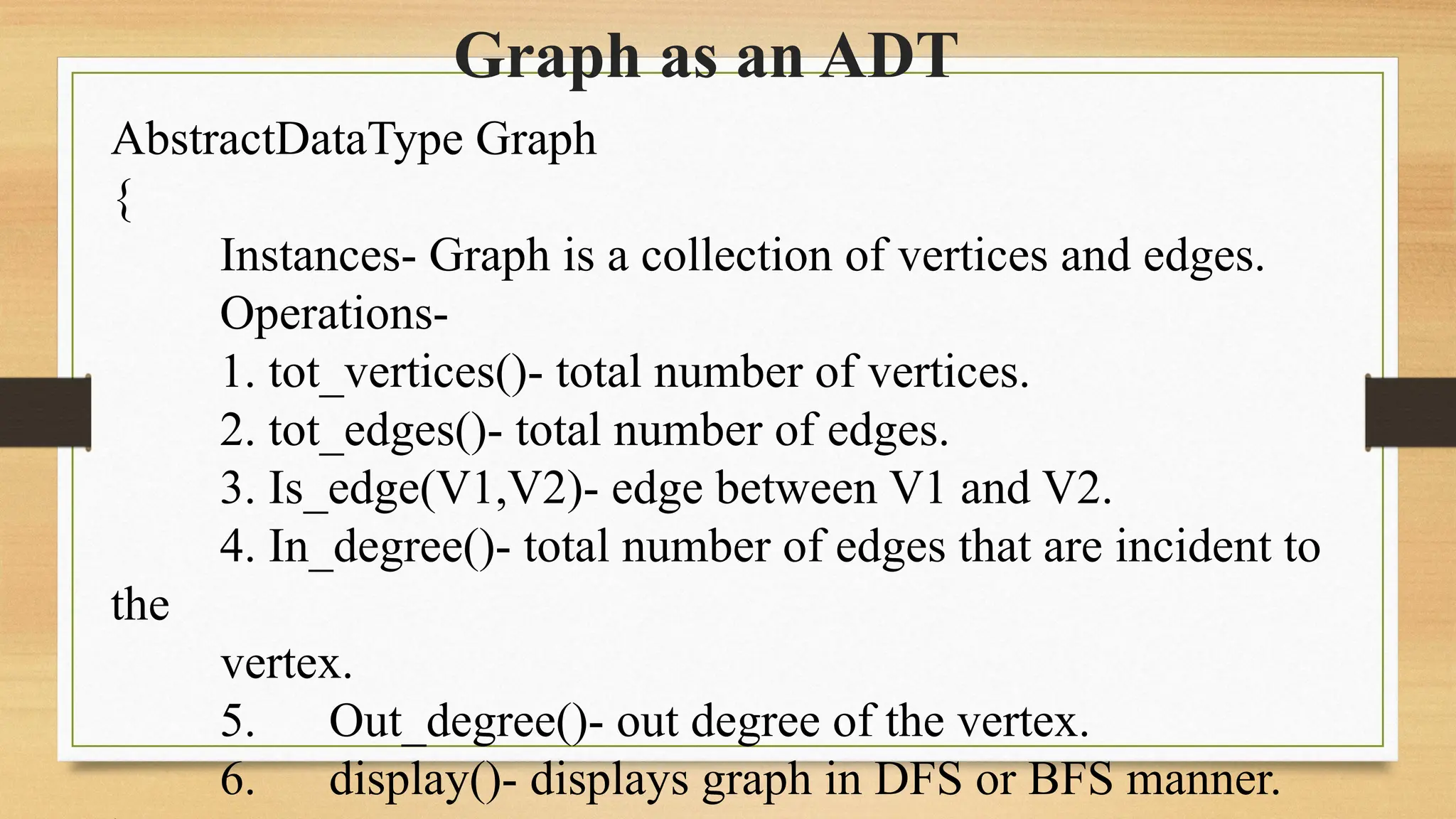 Graph as an ADT
AbstractDataType Graph
{
Instances- Graph is a collection of vertices and edges.
Operations-
1. tot_vertices()- total number of vertices.
2. tot_edges()- total number of edges.
3. Is_edge(V1,V2)- edge between V1 and V2.
4. In_degree()- total number of edges that are incident to
the
vertex.
5. Out_degree()- out degree of the vertex.
6. display()- displays graph in DFS or BFS manner.
 