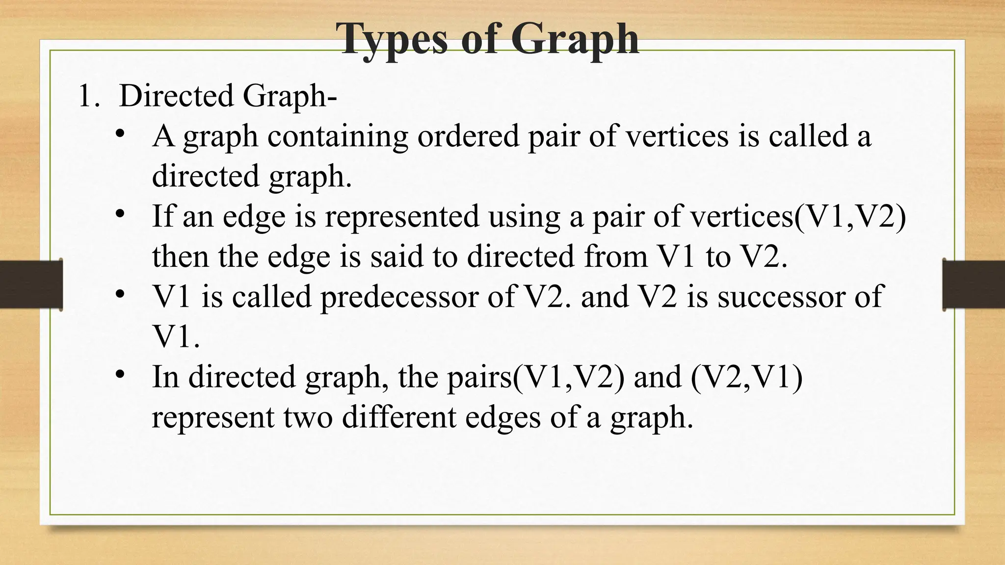 Types of Graph
1. Directed Graph-
• A graph containing ordered pair of vertices is called a
directed graph.
• If an edge is represented using a pair of vertices(V1,V2)
then the edge is said to directed from V1 to V2.
• V1 is called predecessor of V2. and V2 is successor of
V1.
• In directed graph, the pairs(V1,V2) and (V2,V1)
represent two different edges of a graph.
 