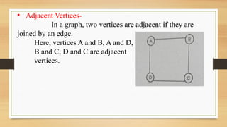 • Adjacent Vertices-
In a graph, two vertices are adjacent if they are
joined by an edge.
Here, vertices A and B, A and D,
B and C, D and C are adjacent
vertices.
 