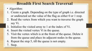 Breadth First Search Traversal
• Algorithm:
1. Create a graph. Depending on the type of graph i.e. directed
or undirected set the value of the flag as either 0 or 1 resp.
2. Read the vertex from which you want to traverse the graph
say Vi.
3. Initialize the visited array to 1 at the index of Vi.
4. Insert the visited vertex Vi in the queue.
5. Visit the vertex which is at the front of the queue. Delete it
from the queue and place its adjacent nodes in the queue.
6. Repeat the step 5, till the queue is not empty.
7. Stop.
 