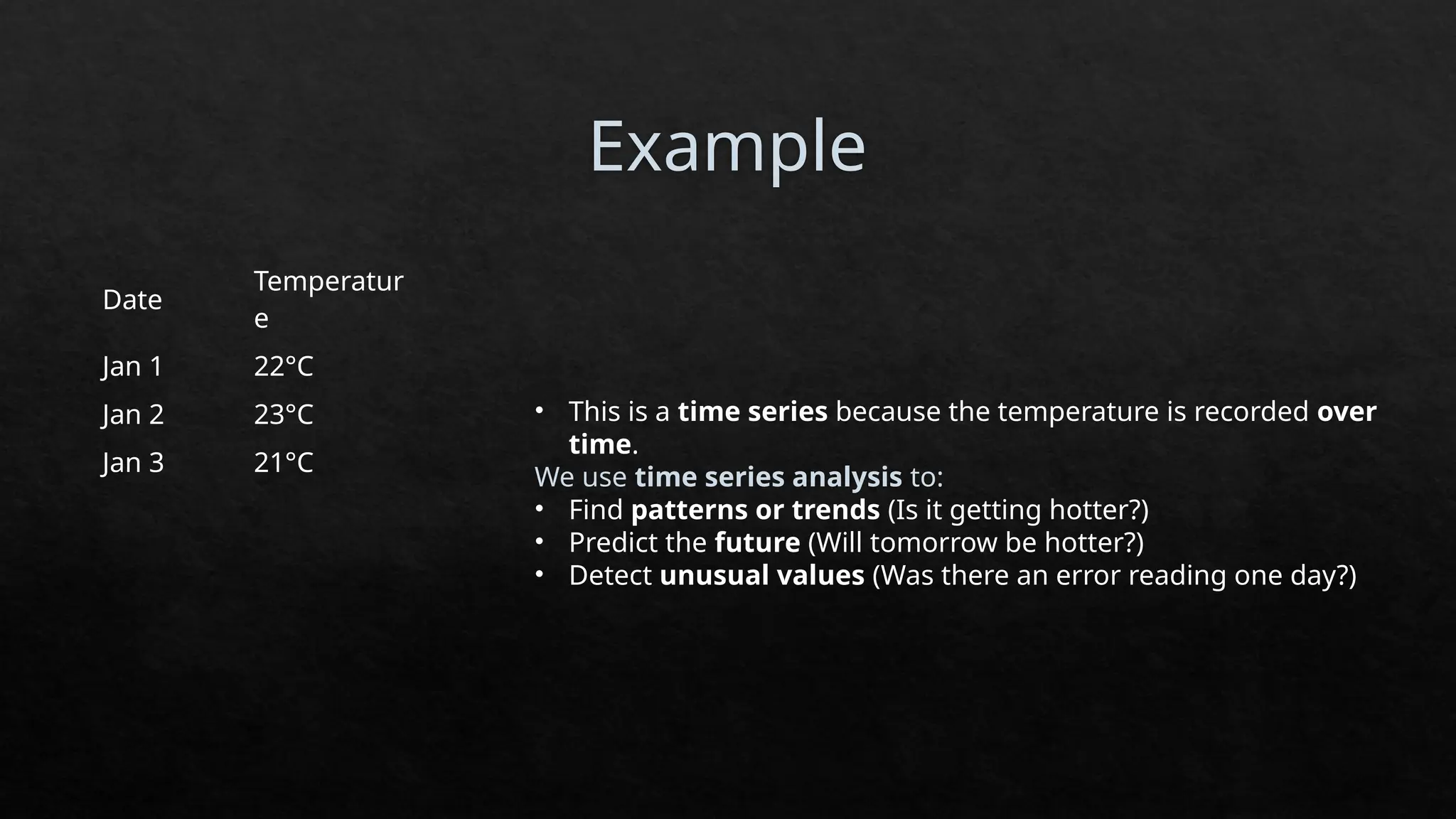 Example
Date
Temperatur
e
Jan 1 22°C
Jan 2 23°C
Jan 3 21°C
• This is a time series because the temperature is recorded over
time.
We use time series analysis to:
• Find patterns or trends (Is it getting hotter?)
• Predict the future (Will tomorrow be hotter?)
• Detect unusual values (Was there an error reading one day?)
 