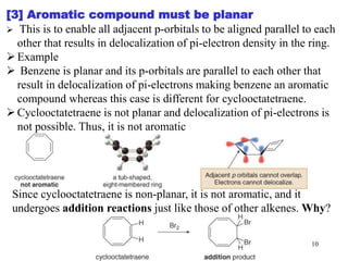 [3] Aromatic compound must be planar
 This is to enable all adjacent p-orbitals to be aligned parallel to each
other that results in delocalization of pi-electron density in the ring.
Example
 Benzene is planar and its p-orbitals are parallel to each other that
result in delocalization of pi-electrons making benzene an aromatic
compound whereas this case is different for cyclooctatetraene.
Cyclooctatetraene is not planar and delocalization of pi-electrons is
not possible. Thus, it is not aromatic
Since cyclooctatetraene is non-planar, it is not aromatic, and it
undergoes addition reactions just like those of other alkenes. Why?
10
 