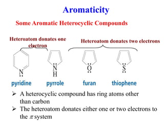 Some Aromatic Heterocyclic Compounds
 A heterocyclic compound has ring atoms other
than carbon
 The heteroatom donates either one or two electrons to
the  system
Heteroatom donates two electrons
Heteroatom donates one
electron
Aromaticity
 