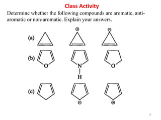 16
Class Activity
Determine whether the following compounds are aromatic, anti-
aromatic or non-aromatic. Explain your answers.
 