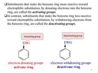 42
Substituents that make the benzene ring more reactive toward
electrophilic substitution, by donating electrons into the benzene
ring, are called the activating groups.
In contrast, substituents that make the benzene ring less reactive
toward electrophilic substitution, by withdrawing electrons from
the benzene ring, are called the deactivating groups.
EDG EWG
electron donating groups electron withdrawing groups
activate ring deactivate ring
Deactivating group
Activating group
 