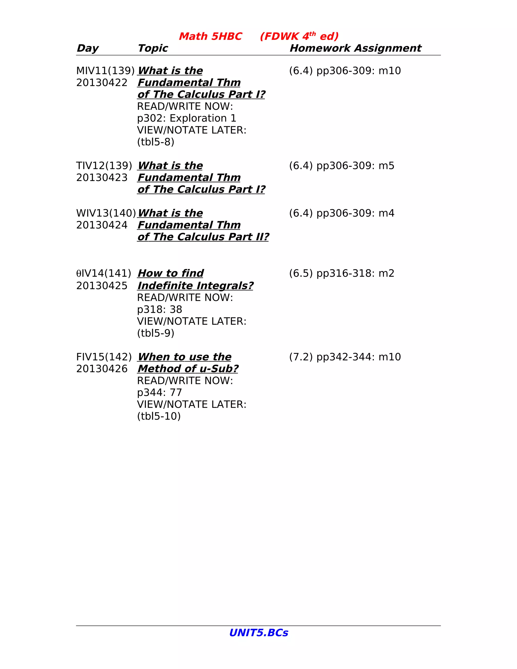 Math 5HBC     (FDWK 4th ed)
Day        Topic                     Homework Assignment

MIV11(139) What is the                 (6.4) pp306-309: m10
20130422 Fundamental Thm
           of The Calculus Part I?
           READ/WRITE NOW:
           p302: Exploration 1
           VIEW/NOTATE LATER:
           (tbl5-8)

TIV12(139) What is the                 (6.4) pp306-309: m5
20130423 Fundamental Thm
           of The Calculus Part I?

WIV13(140) What is the                 (6.4) pp306-309: m4
20130424 Fundamental Thm
           of The Calculus Part II?


θIV14(141) How to find                 (6.5) pp316-318: m2
20130425 Indefinite Integrals?
           READ/WRITE NOW:
           p318: 38
           VIEW/NOTATE LATER:
           (tbl5-9)

FIV15(142) When to use the             (7.2) pp342-344: m10
20130426 Method of u-Sub?
           READ/WRITE NOW:
           p344: 77
           VIEW/NOTATE LATER:
           (tbl5-10)




                           UNIT5.BCs
 