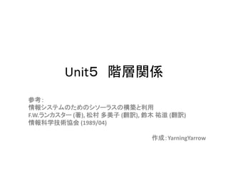 Unit５ 階層関係
参考：
情報システムのためのシソーラスの構築と利用
F.W.ランカスター (著), 松村 多美子 (翻訳), 鈴木 祐滋 (翻訳)
情報科学技術協会 (1989/04)
作成：YarningYarrow

 