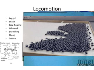 Locomotion
• Legged
• Snake
• Free-floating
• Wheeled
• Swimming
• Flying
• Swarm
 