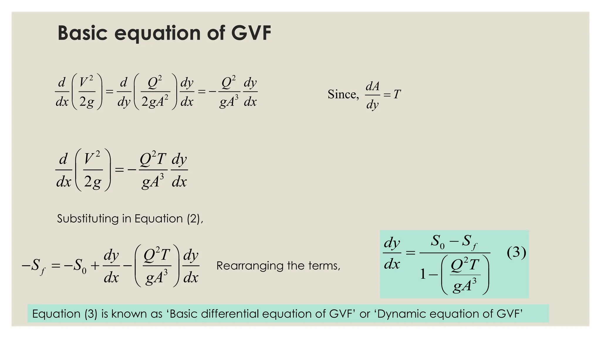 2 2 2
2 3
2 2
d V d Q dy Q dy
dx g dy gA dx gA dx
   
= = −
   
   
Since,
dA
T
dy
=
2 2
3
2
d V Q T dy
dx g gA dx
 
= −
 
 
Substituting in Equation (2),
2
0 3
f
dy Q T dy
S S
dx gA dx
 
− = − + − 
 
Rearranging the terms,
0
2
3
(3)
1
f
S S
dy
dx Q T
gA
−
=
 
−  
 
Equation (3) is known as ‘Basic differential equation of GVF’ or ‘Dynamic equation of GVF’
Basic equation of GVF
 