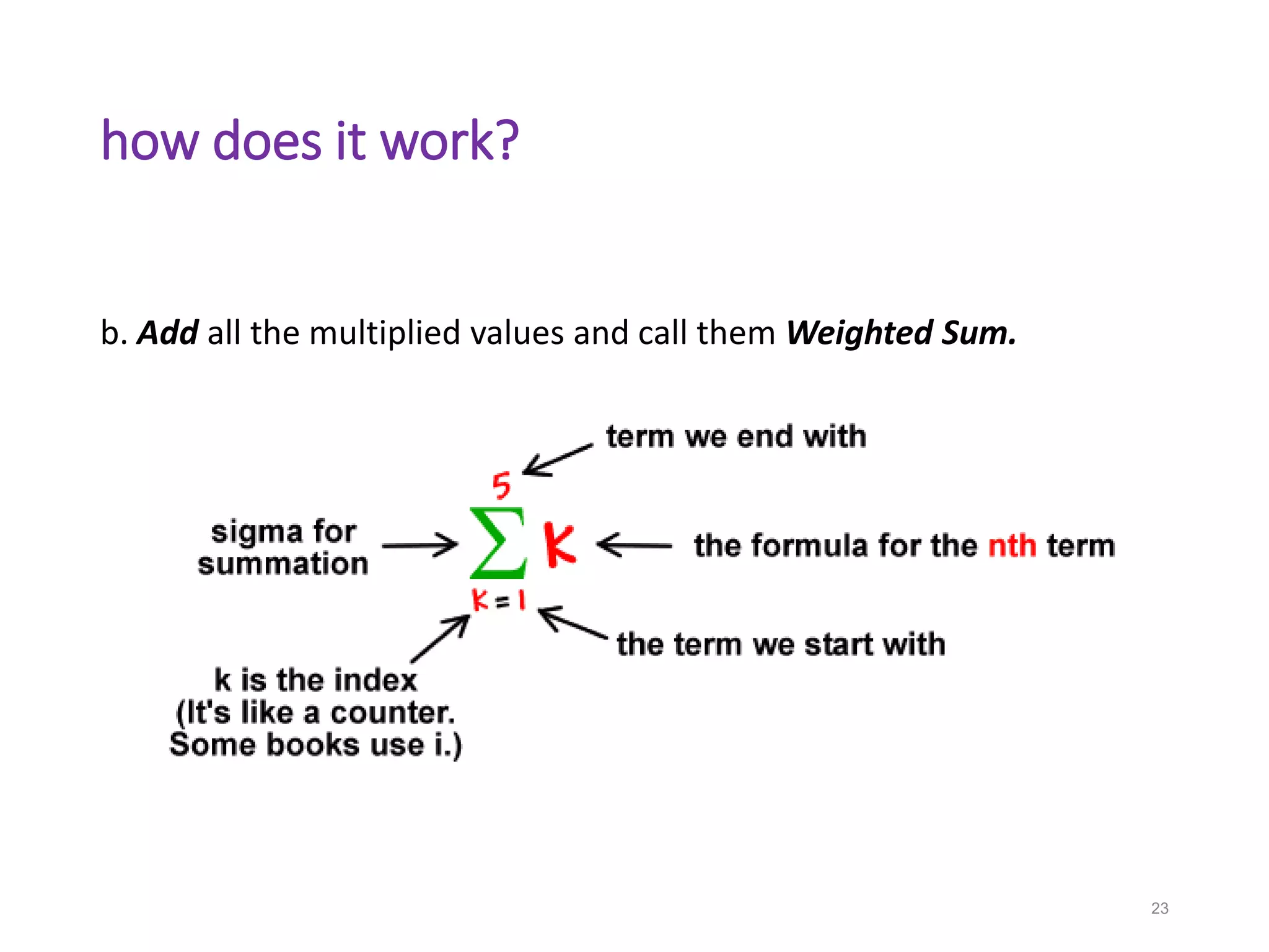 how does it work?
b. Add all the multiplied values and call them Weighted Sum.
23
 