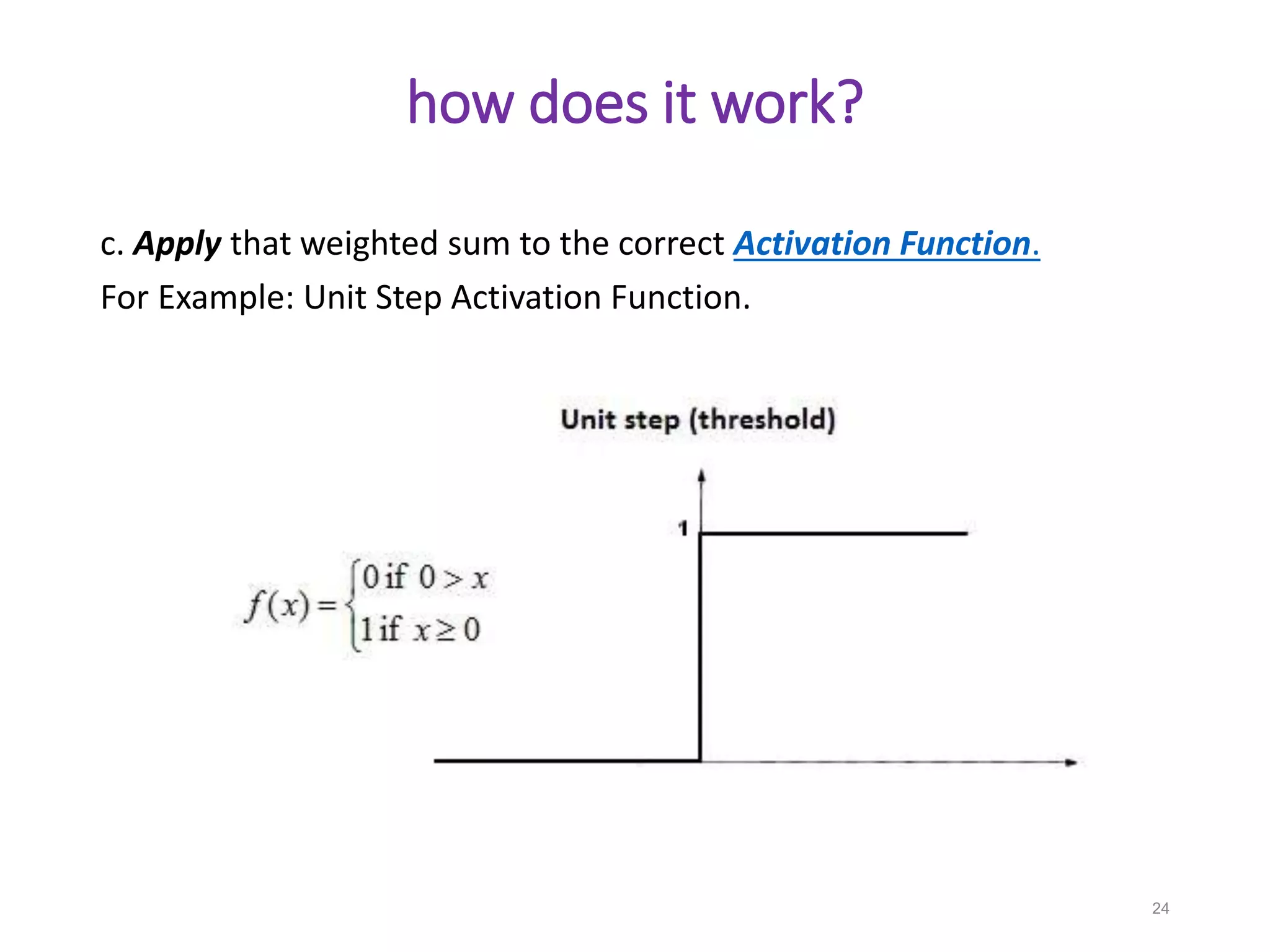 how does it work?
c. Apply that weighted sum to the correct Activation Function.
For Example: Unit Step Activation Function.
24
 
