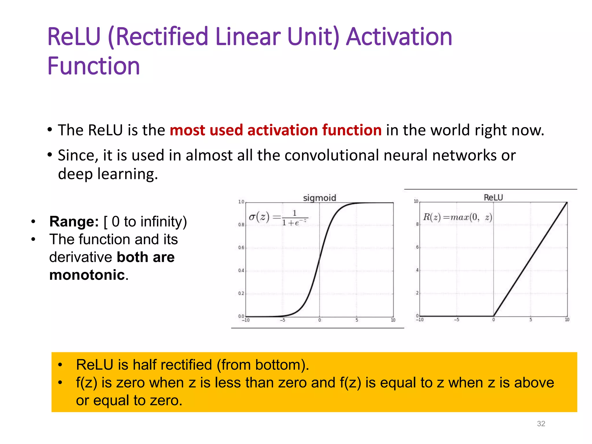 ReLU (Rectified Linear Unit) Activation
Function
• The ReLU is the most used activation function in the world right now.
• Since, it is used in almost all the convolutional neural networks or
deep learning.
32
• ReLU is half rectified (from bottom).
• f(z) is zero when z is less than zero and f(z) is equal to z when z is above
or equal to zero.
• Range: [ 0 to infinity)
• The function and its
derivative both are
monotonic.
 