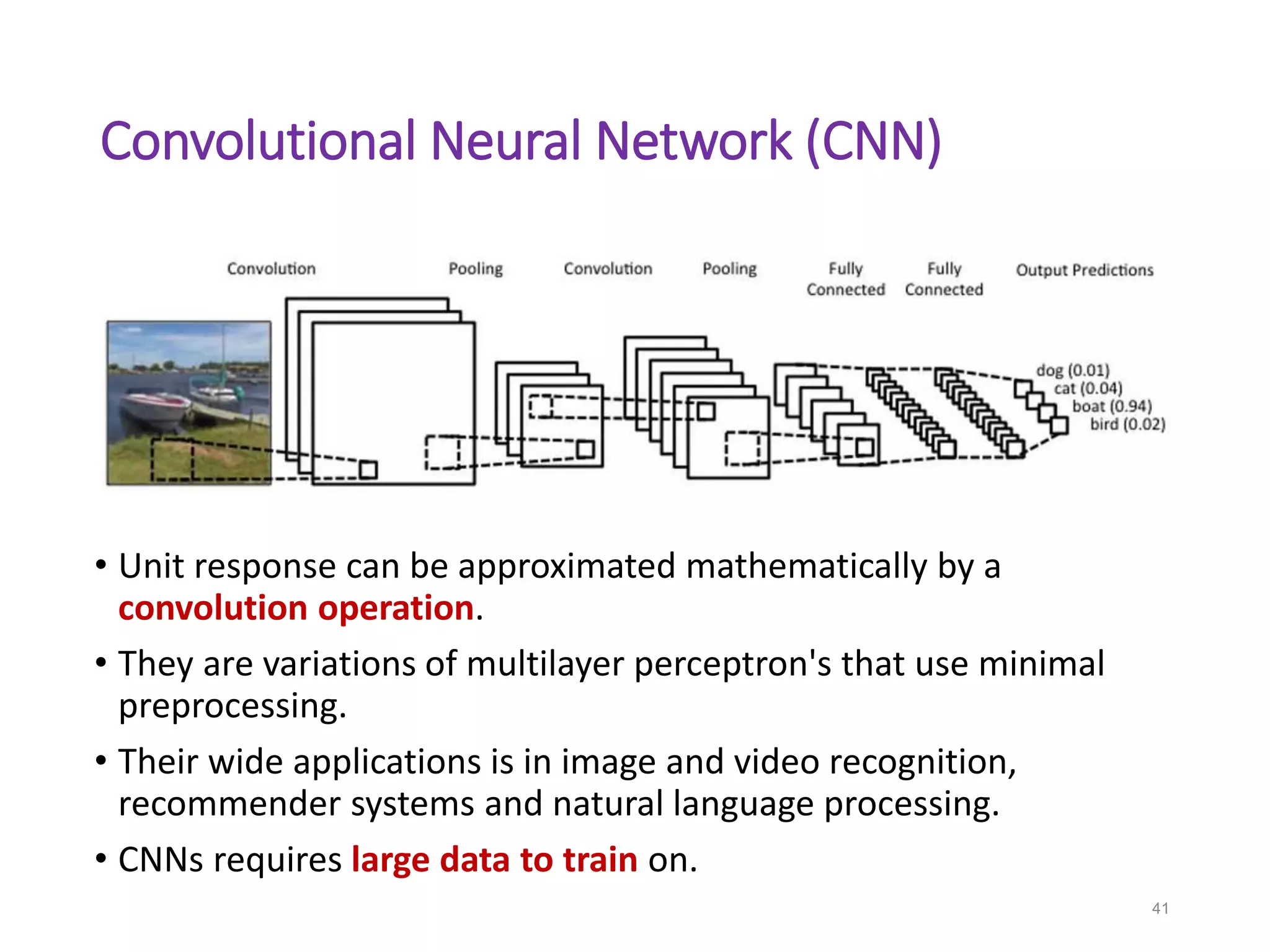 Convolutional Neural Network (CNN)
• Unit response can be approximated mathematically by a
convolution operation.
• They are variations of multilayer perceptron's that use minimal
preprocessing.
• Their wide applications is in image and video recognition,
recommender systems and natural language processing.
• CNNs requires large data to train on.
41
 